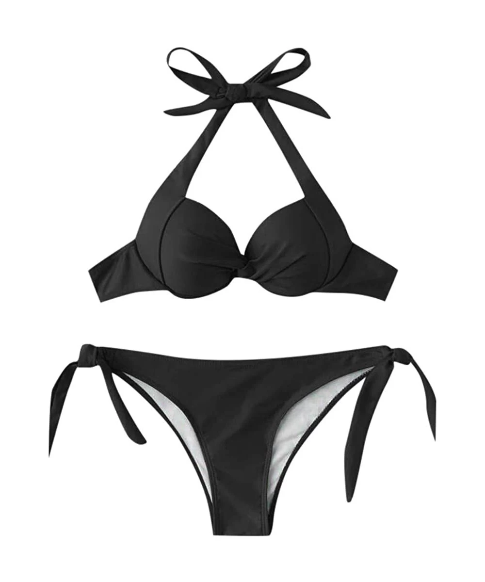 Sets Womens Two Piece Swimsuit Twist Front Halter Bikini Set Tie Side Bathing Suit - Black - CL197487GXK