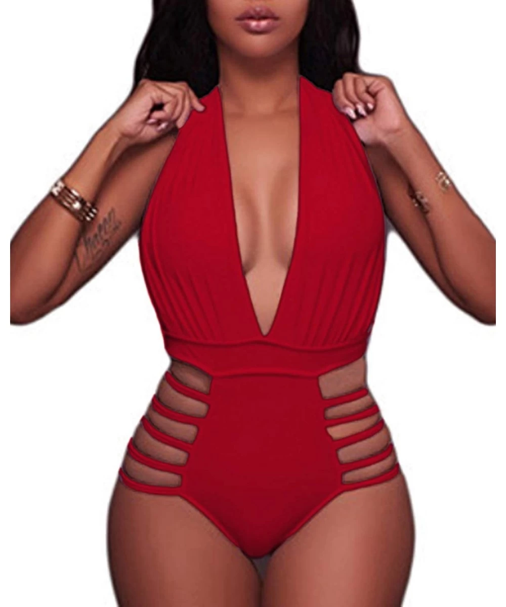 One-Pieces Women Sexy One Piece Swimsuits Halter Plunge V Neck Cutout Bathing Suits - Red - CH18T76L5OO