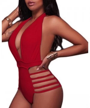 One-Pieces Women Sexy One Piece Swimsuits Halter Plunge V Neck Cutout Bathing Suits - Red - CH18T76L5OO