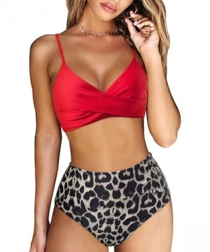 Sets Womens Sexy Cross Push Up Bikini High Waisted Two Piece Swimsuits - Red Leopard - CK1906CX0E8