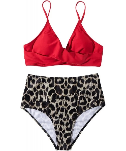 Sets Womens Sexy Cross Push Up Bikini High Waisted Two Piece Swimsuits - Red Leopard - CK1906CX0E8