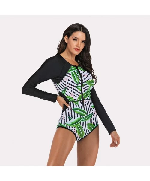 Cover-Ups Women Long Sleeve Swimsuit Surfing Rashguard One Piece Swimwear UV Protection Zip Triangle Bottom Bathing Suit Blac...