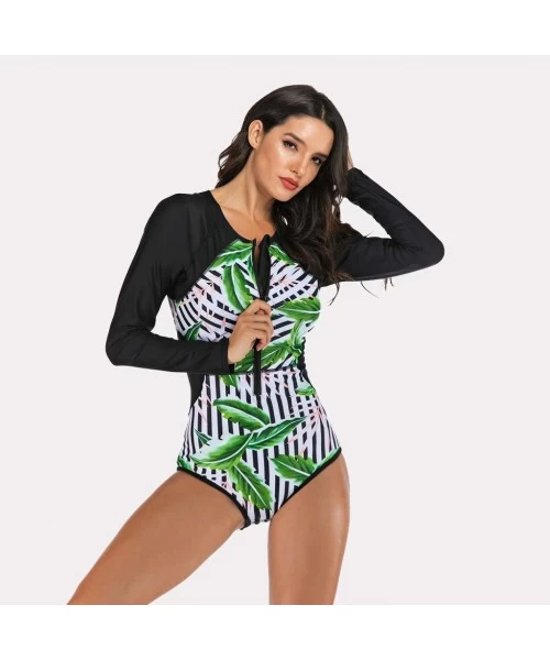 Cover-Ups Women Long Sleeve Swimsuit Surfing Rashguard One Piece Swimwear UV Protection Zip Triangle Bottom Bathing Suit Blac...