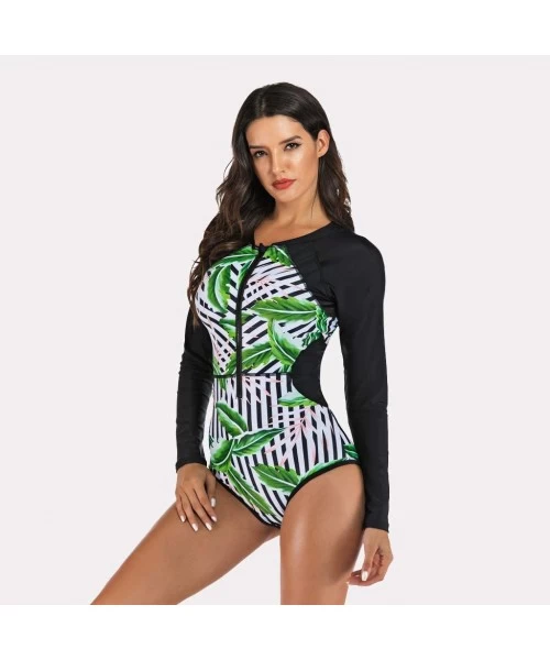 Cover-Ups Women Long Sleeve Swimsuit Surfing Rashguard One Piece Swimwear UV Protection Zip Triangle Bottom Bathing Suit Blac...