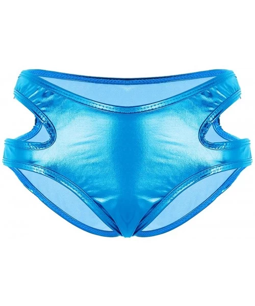 Bottoms Women's Shiny Metallic Strappy Bikini Booty Shorts Swimsuit Bottom - Light Blue - C018L7DRIZX