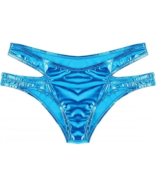 Bottoms Women's Shiny Metallic Strappy Bikini Booty Shorts Swimsuit Bottom - Light Blue - C018L7DRIZX