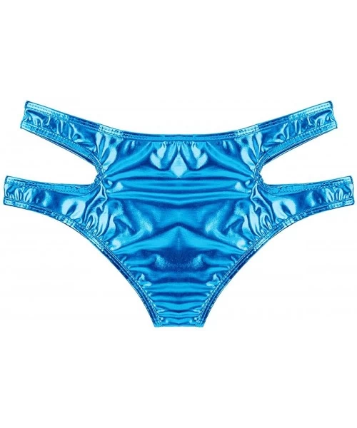 Bottoms Women's Shiny Metallic Strappy Bikini Booty Shorts Swimsuit Bottom - Light Blue - C018L7DRIZX