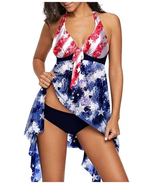 Sets Women Push-Up Swimsuit July 4th USA American Flag Tankini Swimwear Beachwear Two-Piece Bikini Set - Blue - CB190LTSOY3