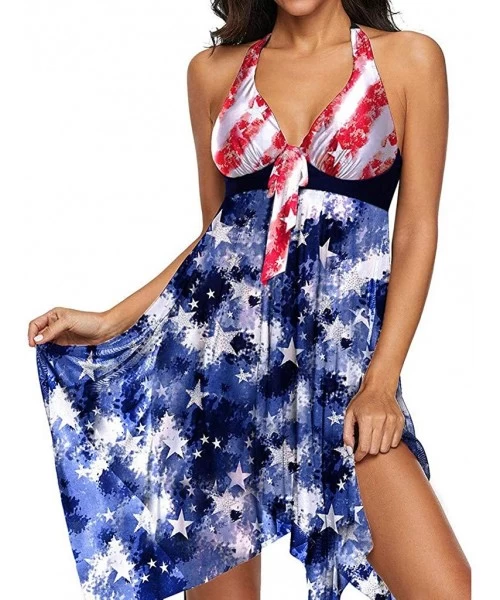 Sets Women Push-Up Swimsuit July 4th USA American Flag Tankini Swimwear Beachwear Two-Piece Bikini Set - Blue - CB190LTSOY3