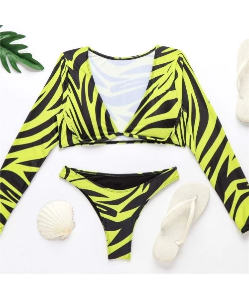 Sets Women 's Bikini Long Sleeve-Ladies Two Pieces V Neck Push Up High Cut Bathing Suits Swimwear - Yellow - C0195484YHS