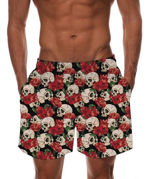 Trunks Men's Quick Dry Swim Trunks Tropical Hawaiian Board Shorts with Mesh Lining Bathing Suits - Skull Flower - C019608WSK2