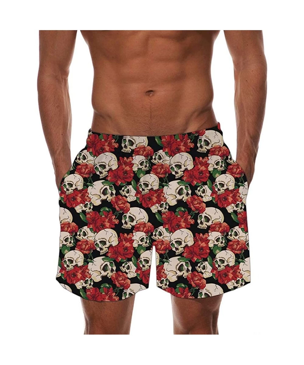 Trunks Men's Quick Dry Swim Trunks Tropical Hawaiian Board Shorts with Mesh Lining Bathing Suits - Skull Flower - C019608WSK2