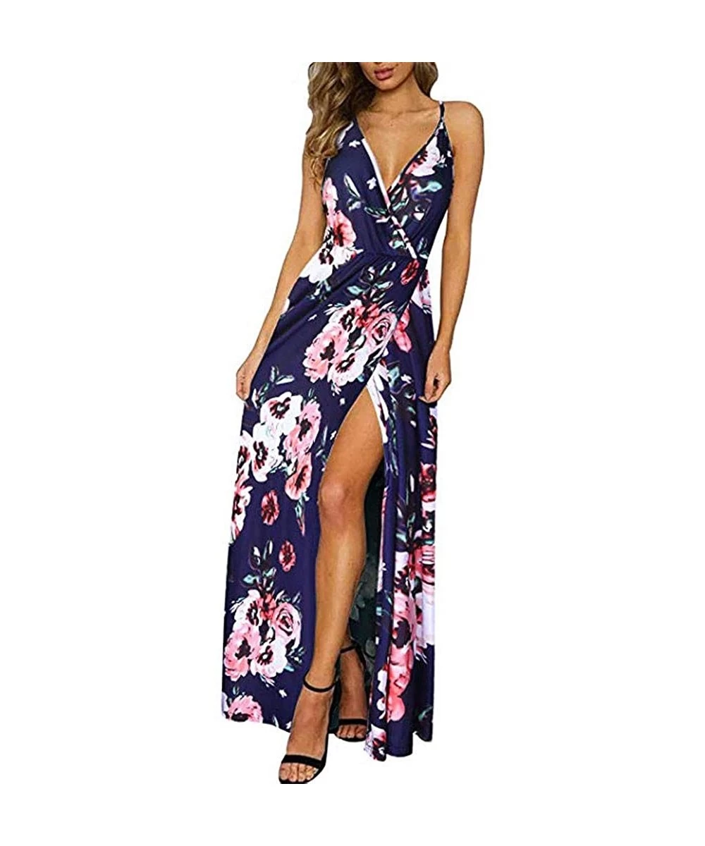 Cover-Ups Women Deep V-Neck Strap Casual Floral Dress Print Maxi Split Dress- Women's Sexy V-Neck Strap Dress- Women's Sundre...