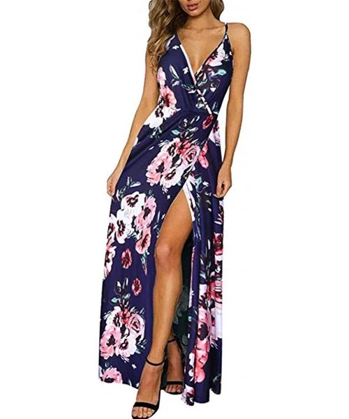 Cover-Ups Women Deep V-Neck Strap Casual Floral Dress Print Maxi Split Dress- Women's Sexy V-Neck Strap Dress- Women's Sundre...