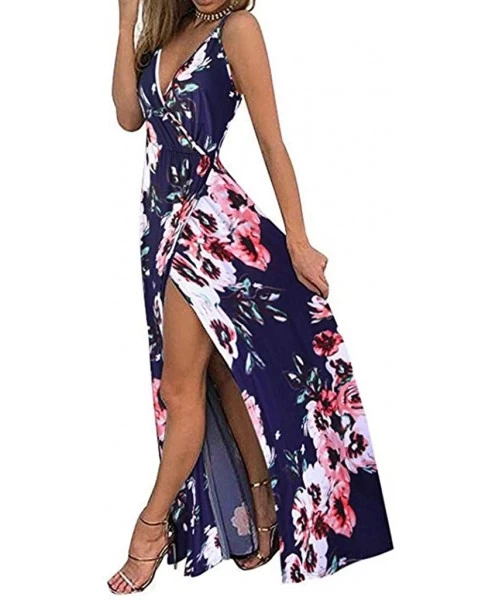 Cover-Ups Women Deep V-Neck Strap Casual Floral Dress Print Maxi Split Dress- Women's Sexy V-Neck Strap Dress- Women's Sundre...