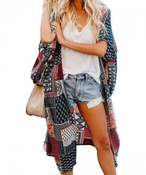 Cover-Ups Womens Fashion Boho Printed Kimono Beach Cover up Summer Open Front Loose Flowy Cardigan Top with Tassel - Style 4-...