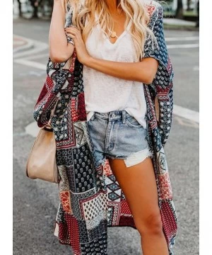 Cover-Ups Womens Fashion Boho Printed Kimono Beach Cover up Summer Open Front Loose Flowy Cardigan Top with Tassel - Style 4-...