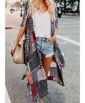 Cover-Ups Womens Fashion Boho Printed Kimono Beach Cover up Summer Open Front Loose Flowy Cardigan Top with Tassel - Style 4-...