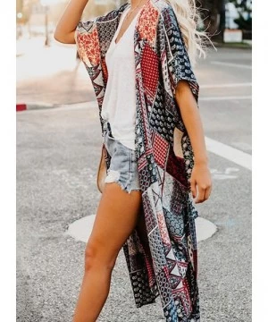 Cover-Ups Womens Fashion Boho Printed Kimono Beach Cover up Summer Open Front Loose Flowy Cardigan Top with Tassel - Style 4-...