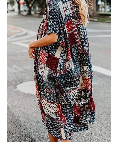 Cover-Ups Womens Fashion Boho Printed Kimono Beach Cover up Summer Open Front Loose Flowy Cardigan Top with Tassel - Style 4-...