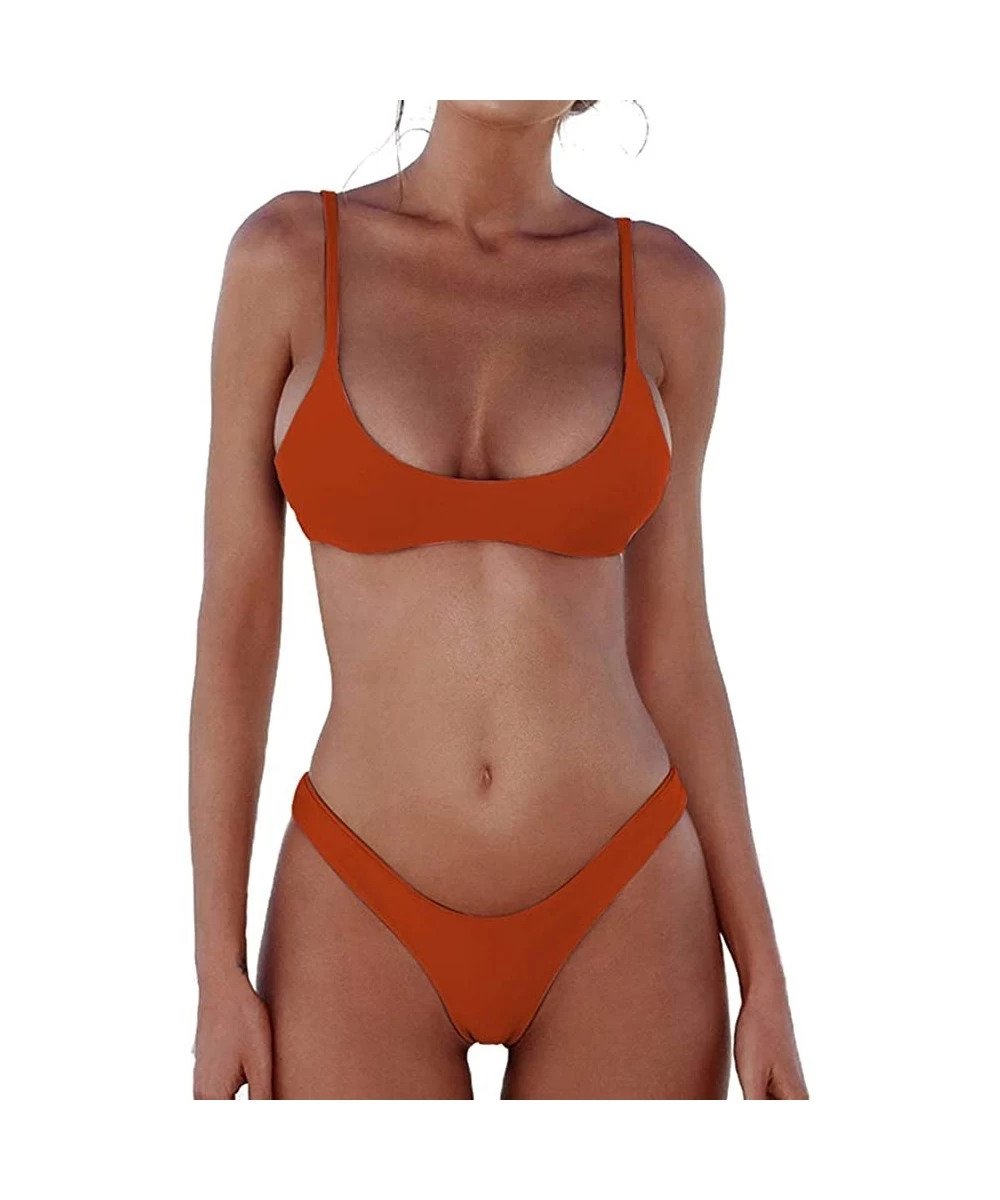 Sets Womens Swimsuits 2 Pcs Brazilian Top Thong Bikini Set High Waisted Bathing Suits for Women - Reddish Brown - C5194TCT2SN