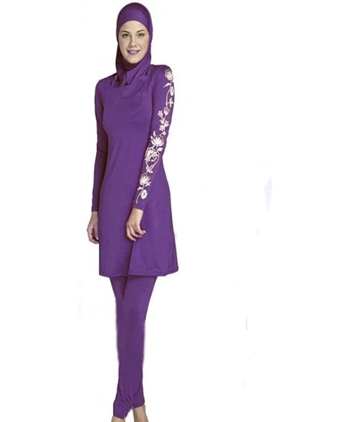 Sets Plus Size Burkini Women Floral Muslim Swimwear Arab Islamic Swimsuit Women Hijab Muslim Swimsuits for Women Purple - C91...