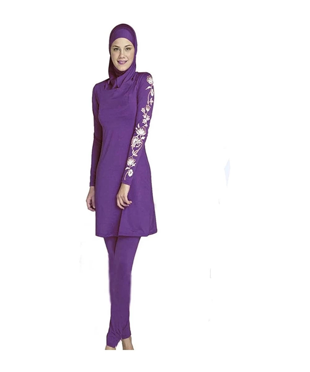 Sets Plus Size Burkini Women Floral Muslim Swimwear Arab Islamic Swimsuit Women Hijab Muslim Swimsuits for Women Purple - C91...