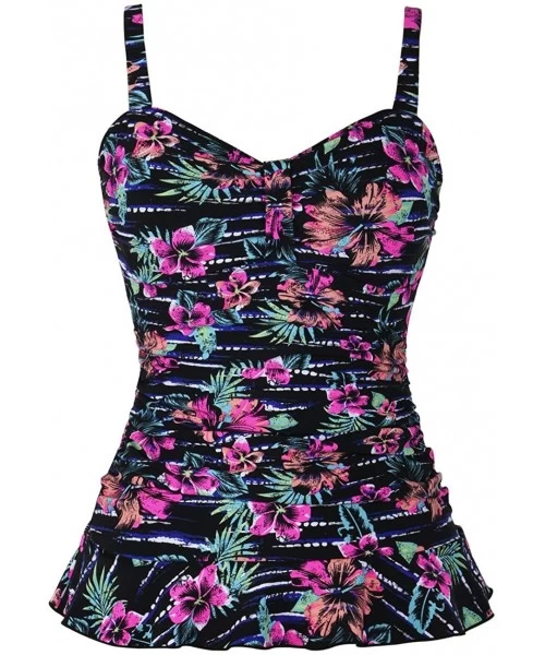 Tops Women's 50's Retro Ruched Tankini Swimsuit Top with Ruffle Hem - Black&red Floral - C418D5RZXX8