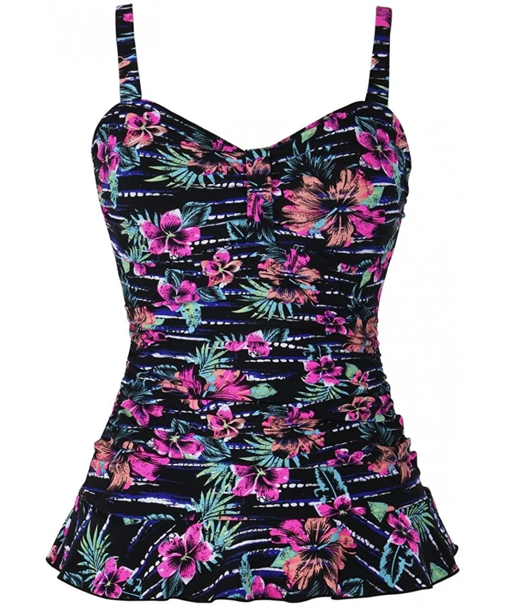 Tops Women's 50's Retro Ruched Tankini Swimsuit Top with Ruffle Hem - Black&red Floral - C418D5RZXX8