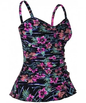 Tops Women's 50's Retro Ruched Tankini Swimsuit Top with Ruffle Hem - Black&red Floral - C418D5RZXX8