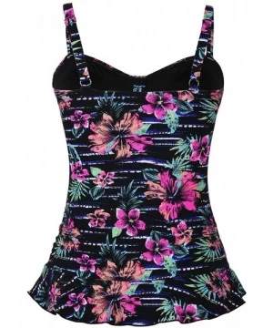 Tops Women's 50's Retro Ruched Tankini Swimsuit Top with Ruffle Hem - Black&red Floral - C418D5RZXX8