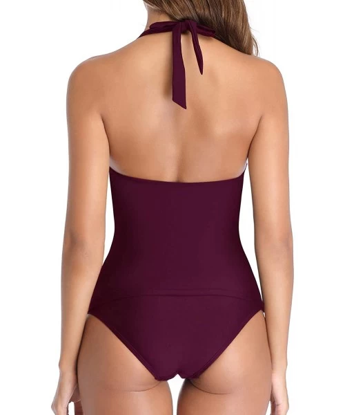 Tankinis Women Deep V Neck Halter Tankini Sexy Two Piece Swimsuit Ruched Tummy Control Bathing Suit - Purple - CQ18UDAIT7C