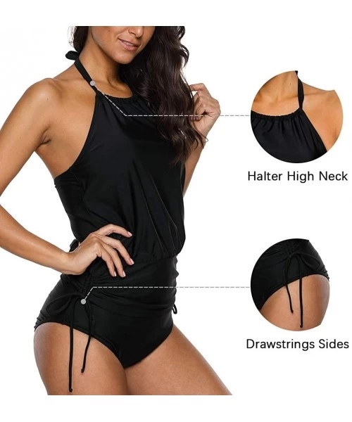 Tankinis Geometric Tankini Swimsuits for Women V Neck Strappy Back 2 Piece Swimsuits - Black(halter Neck) - CE194OY2TN4