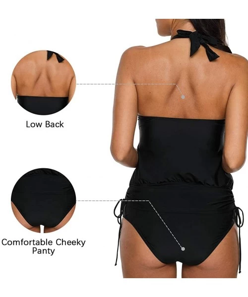 Tankinis Geometric Tankini Swimsuits for Women V Neck Strappy Back 2 Piece Swimsuits - Black(halter Neck) - CE194OY2TN4