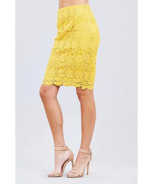 Cover-Ups Women High Waist Knee Length Crochet Knit Pencil Woven Skirt - Tulip Yellow - CE197HA4SQL