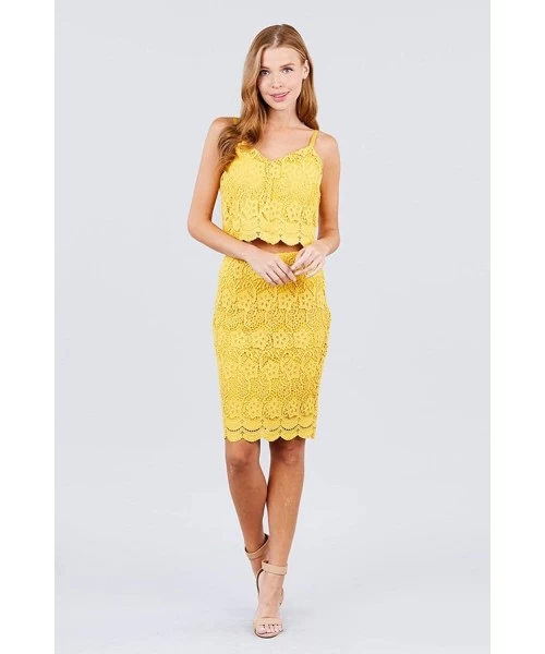 Cover-Ups Women High Waist Knee Length Crochet Knit Pencil Woven Skirt - Tulip Yellow - CE197HA4SQL