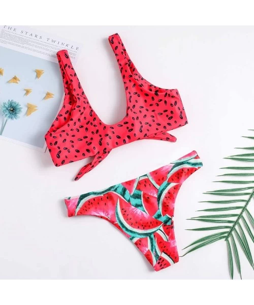 Sets Knot Front Tropical Bikini Set Women Swimsuit Sexy Swimwear - Watermelon Printing - CW18TQMTDMT