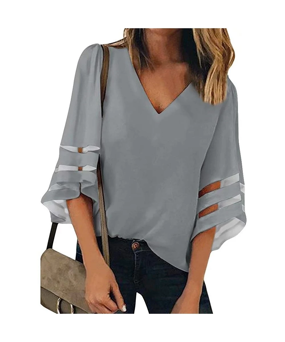 Cover-Ups Women's V Neck Mesh Panel Patchwork 3/4 Bell Sleeve Loose Blouse Top Shirt - Gray - CG192NAOQO6