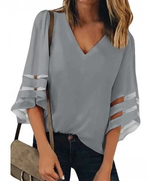 Cover-Ups Women's V Neck Mesh Panel Patchwork 3/4 Bell Sleeve Loose Blouse Top Shirt - Gray - CG192NAOQO6