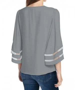 Cover-Ups Women's V Neck Mesh Panel Patchwork 3/4 Bell Sleeve Loose Blouse Top Shirt - Gray - CG192NAOQO6