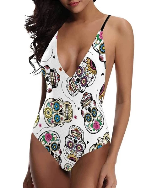 One-Pieces Cool Sugar Skulls V-Neck Women Lacing Backless One-Piece Swimsuit Bathing Suit XS-3XL - Design 2 - CD18S6M877Z