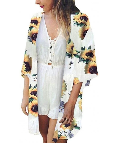 Cover-Ups Women Kimono Beach Tops Sunflower Print Swimwear Cardigan Swimsuit Bikini Cover Up - White - CD18WME7HKA