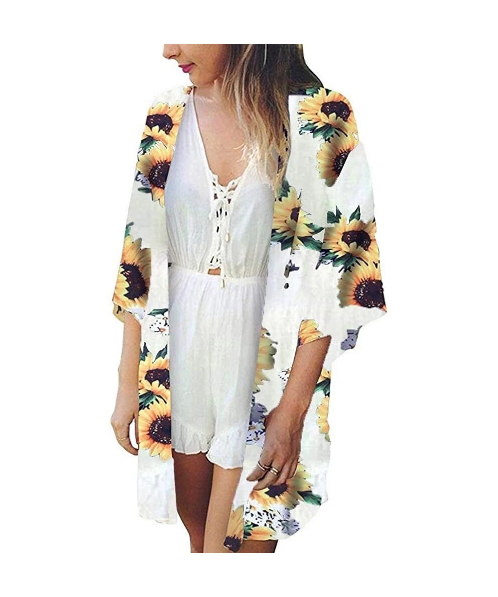 Cover-Ups Women Kimono Beach Tops Sunflower Print Swimwear Cardigan Swimsuit Bikini Cover Up - White - CD18WME7HKA