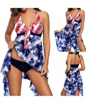 Tops Plus Size American Flag Crisscross Back Swimskirt Two Piece Swimsuits for Womens - Blue - CG199LRMY6W