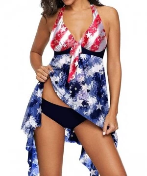 Tops Plus Size American Flag Crisscross Back Swimskirt Two Piece Swimsuits for Womens - Blue - CG199LRMY6W