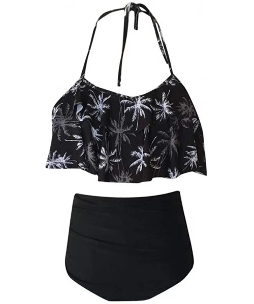 Sets Women Bikini Plus Size Ruffle Lotus Leaf Print High Waist Split Two Piece Swimsuits Set - Black 3! - CW18SC32474