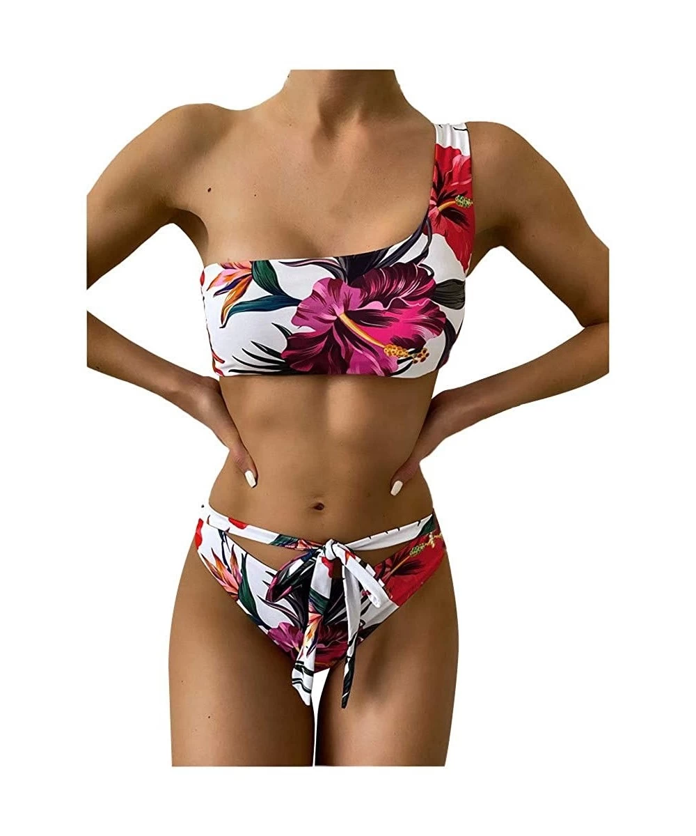 One-Pieces Women Two Piece Push Up Bikini Swimsuit Asymmetrical One Shoulder Bathing Suits Floral High Waisted Strappy Swimwe...