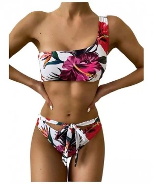 One-Pieces Women Two Piece Push Up Bikini Swimsuit Asymmetrical One Shoulder Bathing Suits Floral High Waisted Strappy Swimwe...