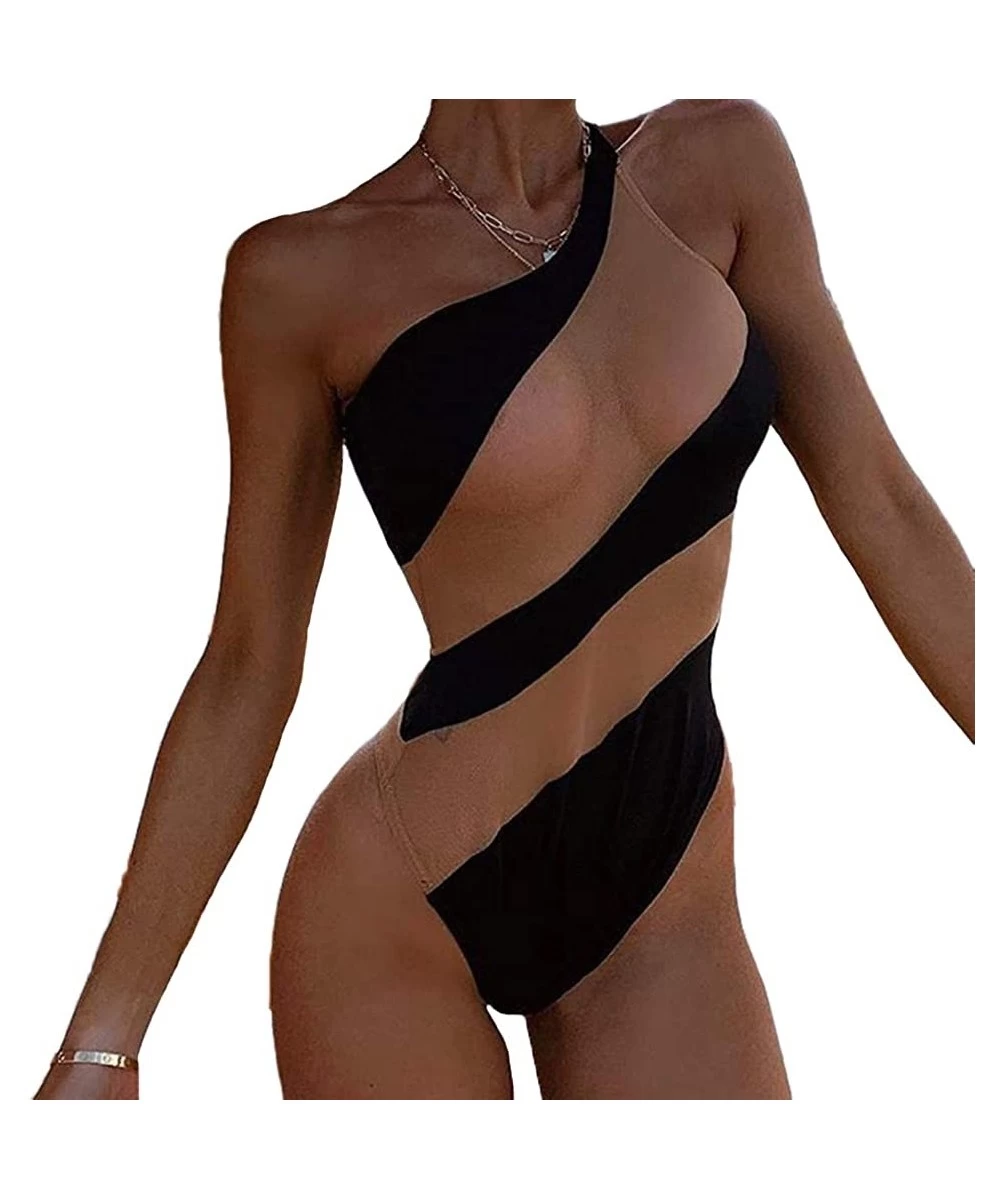 One-Pieces Women One Shoulder One Piece Swimsuit Mesh Sheer Striped Swimwear Bathing Suit - Black - CF19533HODI