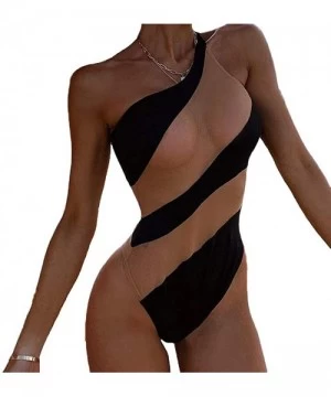 One-Pieces Women One Shoulder One Piece Swimsuit Mesh Sheer Striped Swimwear Bathing Suit - Black - CF19533HODI